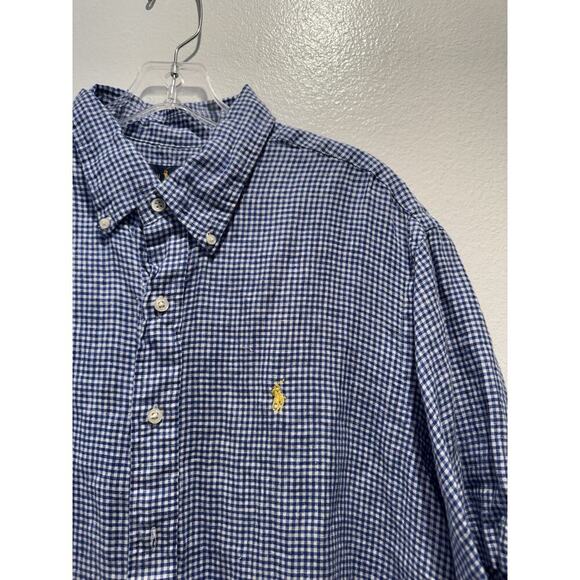 Ralph Lauren Men’s XL Blue White Check Print Linen Button Up Short Sleeve Shirt - Picture 2 of 7